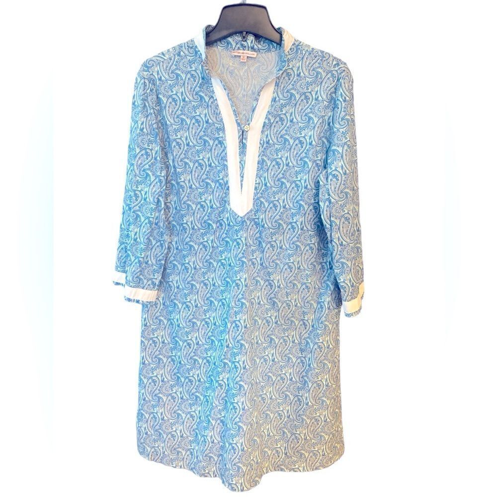 Peter Millar Sz M Blue Paisley V-Neck Collar Summer Cotton Pull-over Dress